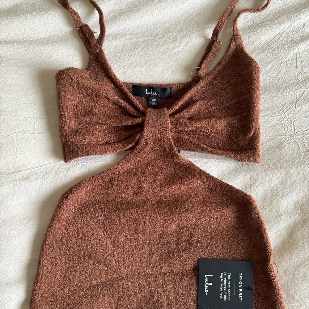 Lulu's Brown Sleeveless Midi Dress with Cut Out Tie Front